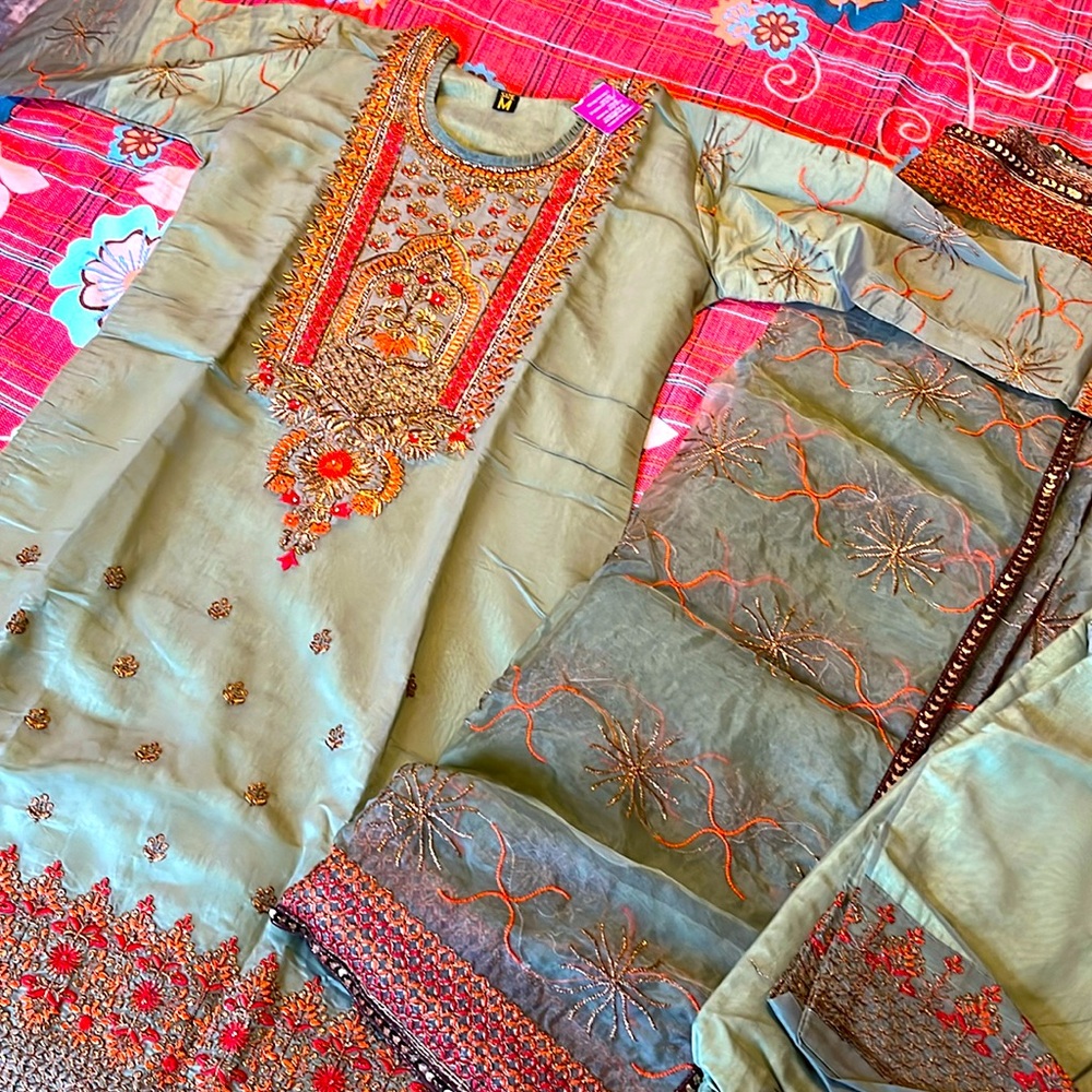 Green and orange shalwar Kameez